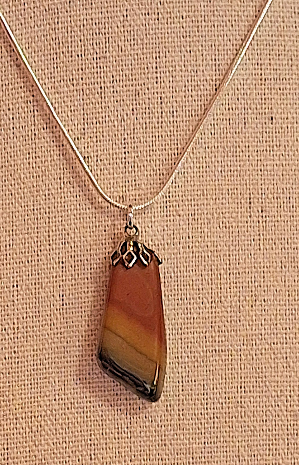 Vtg Polished Red Yellow Green Banded Agate on 925 Snake Chain Necklace