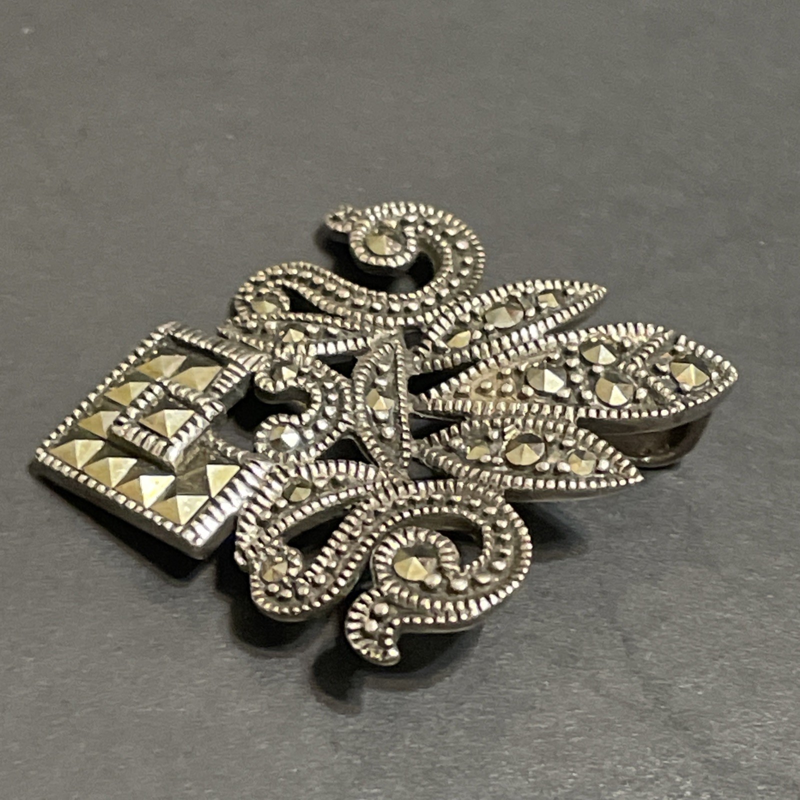 Vintage Fleur De Lis Sterling Silver 925 Marcasite Pendant Art Deco 1.25” 5.59g