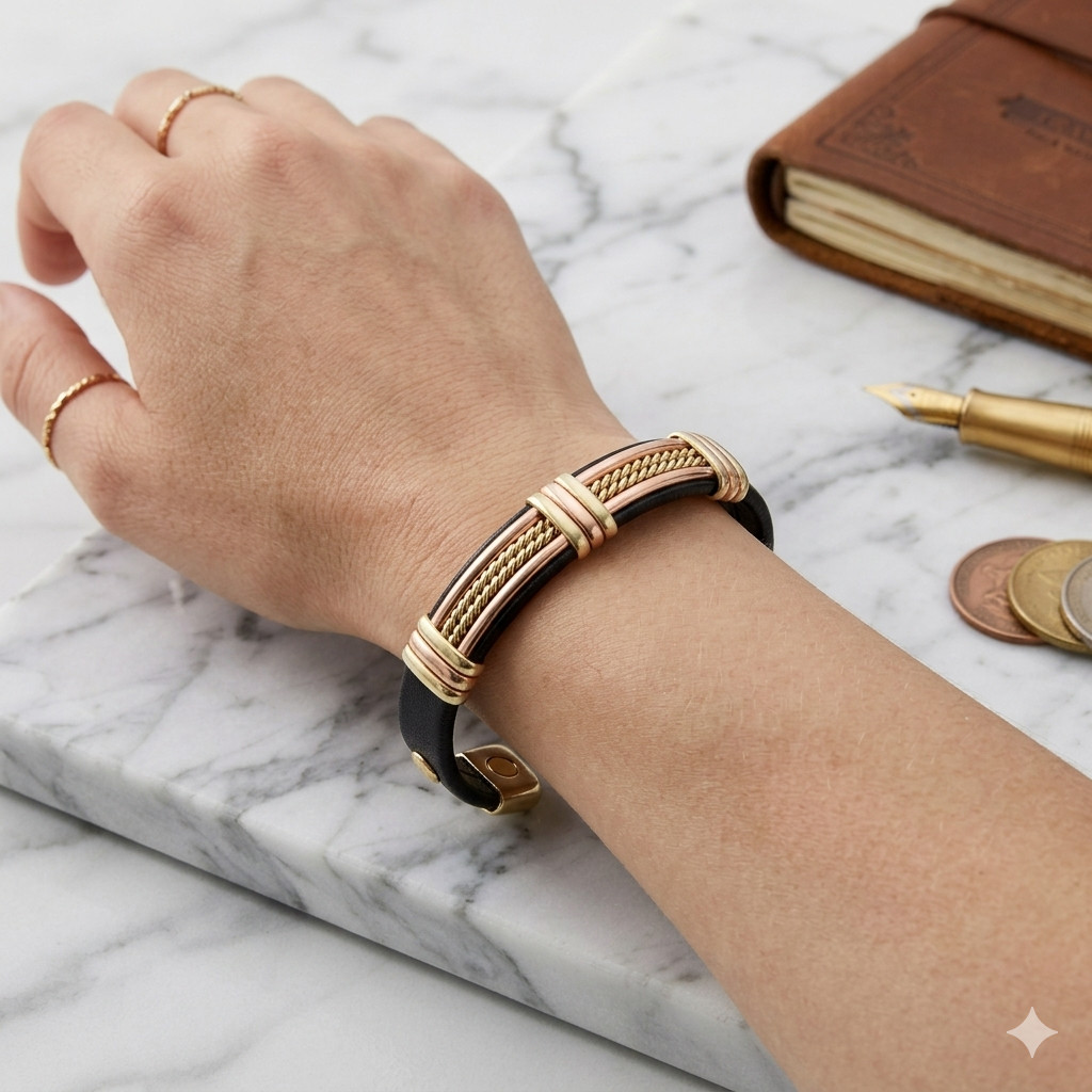 Solid Copper Leather Wrapped Magnetic Bracelet Arthritis Pain Therapy Cuff II