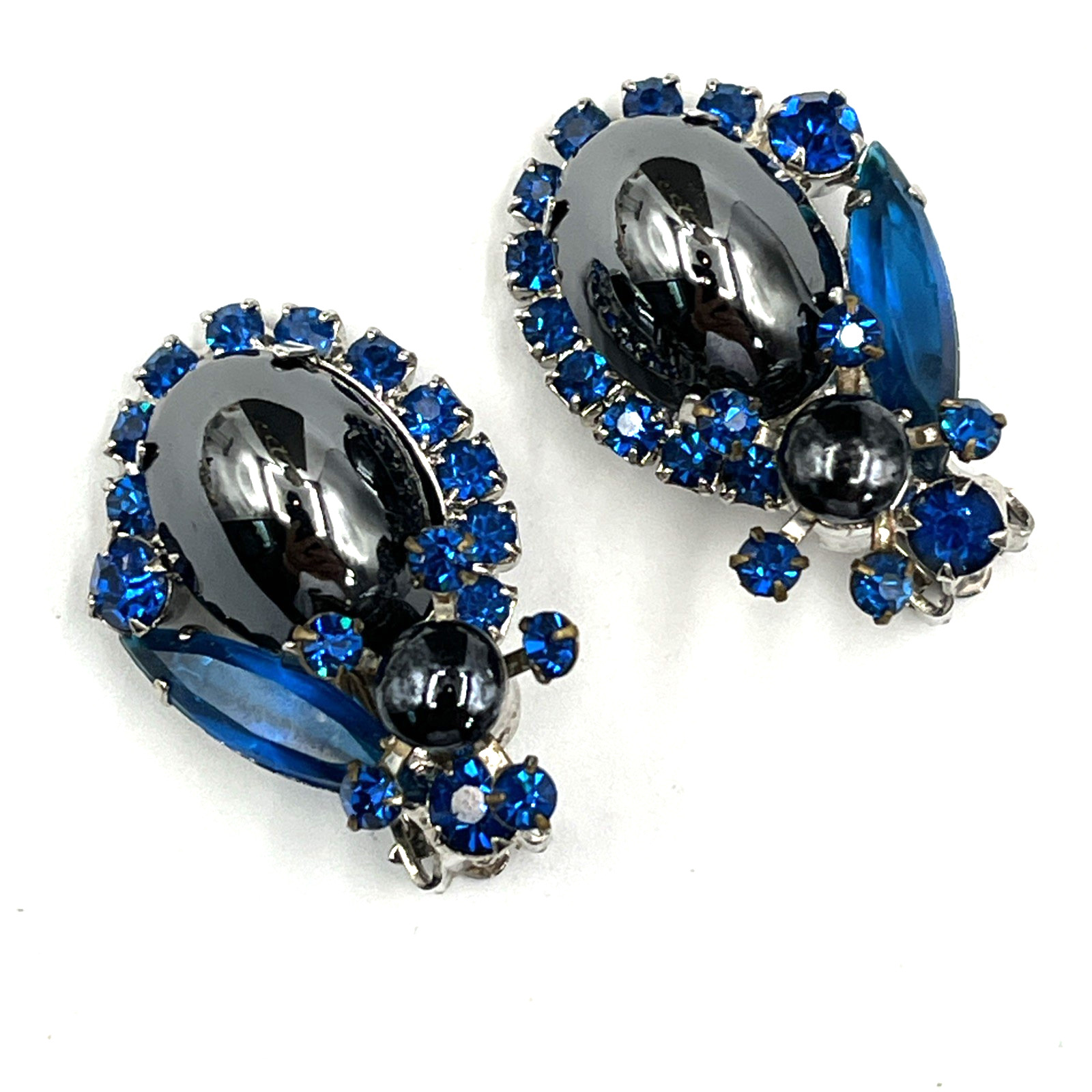 Juliana Earrings Hematite Glass Cabochon AB Earrings 1.25″ Silver Tone
