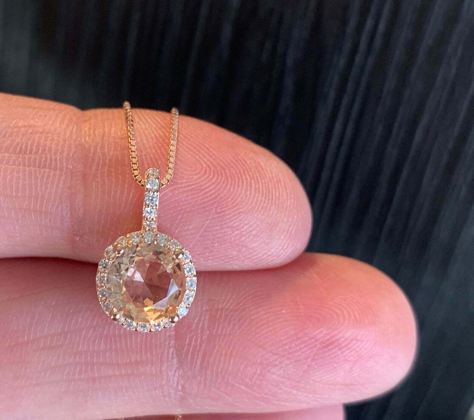 2Ct Round Cut Morganite Diamond Halo Pendant 14K Rose Gold Finish 18″ Free Chain