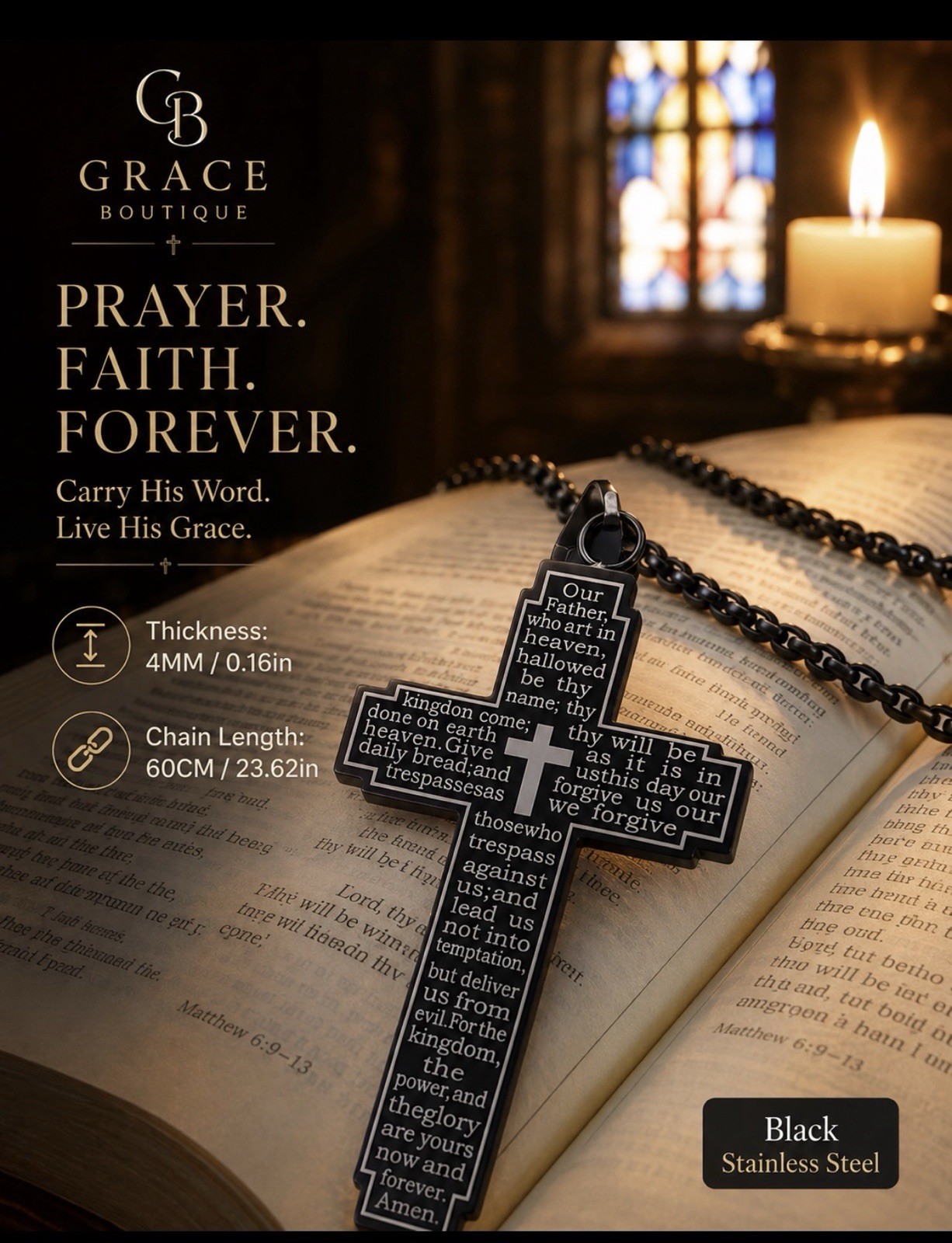 Grace Boutique Prayer Cross Pendant Necklace Black Stainless Steel Cable 23.62in