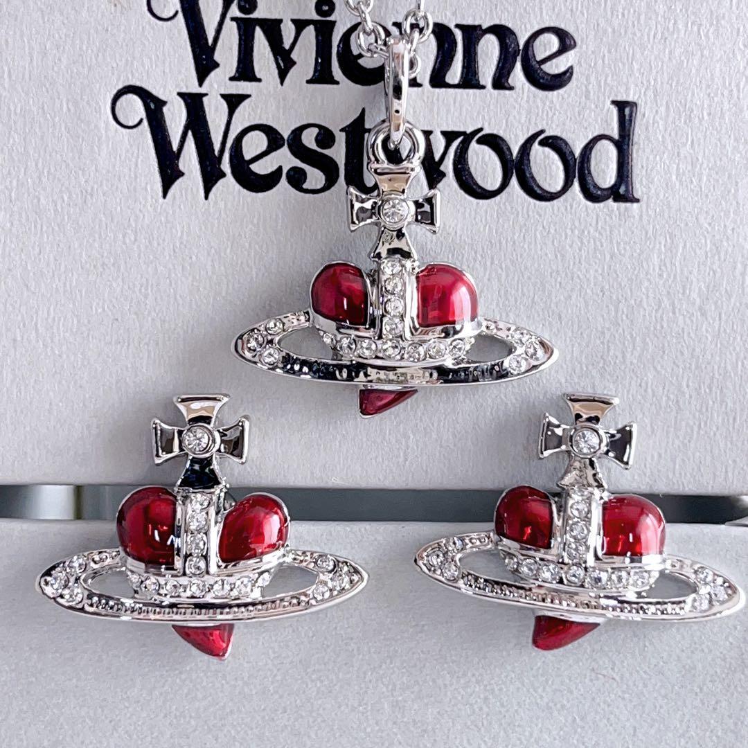 Vivienne Westwood Diamante Heart Necklace Earrings Set Red Silver NO BOX [EJ5009