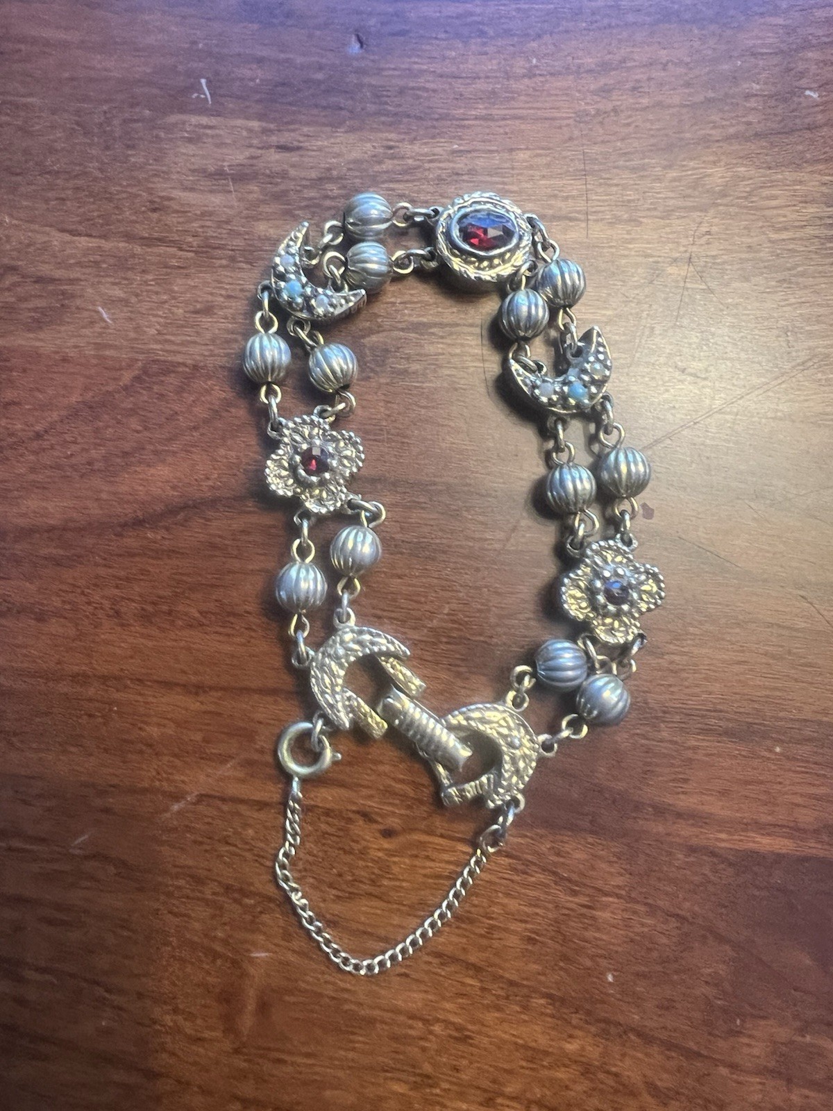 Goldette Victorian Revival Charm Bracelet with Safety Chain Unsigned