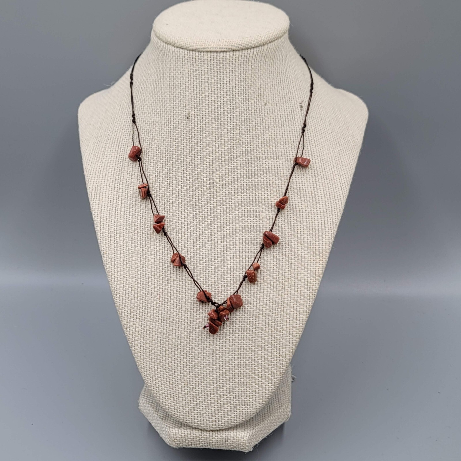 Gold Sandstone Chip Beads Necklace Hand Knotted Cord 18”