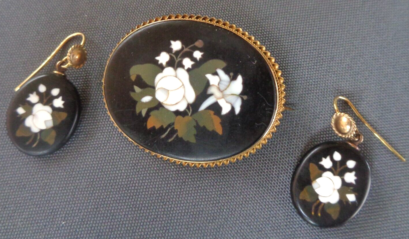 Pietra Dura Mosaic Booch Earrings Set Victorian Antique 15ct Gold Floral c1880s