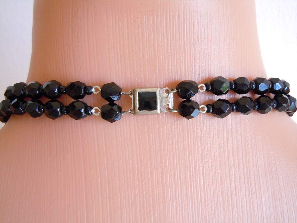 Vintage Necklace Black Glass Faceted Beads Clear Drops 2-Strands 65.5 Cm