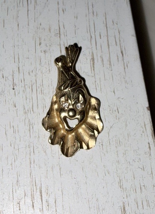 14K Yellow Gold Clown Face Charm Pendant w/ Round White Stones, Signed