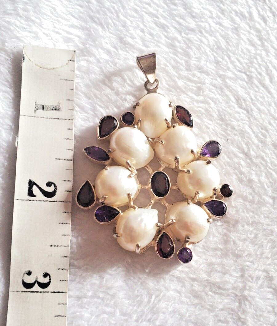 Freshwater Pearl Amethyst & Garnet 925 Sterling Silver Modernist Pendant