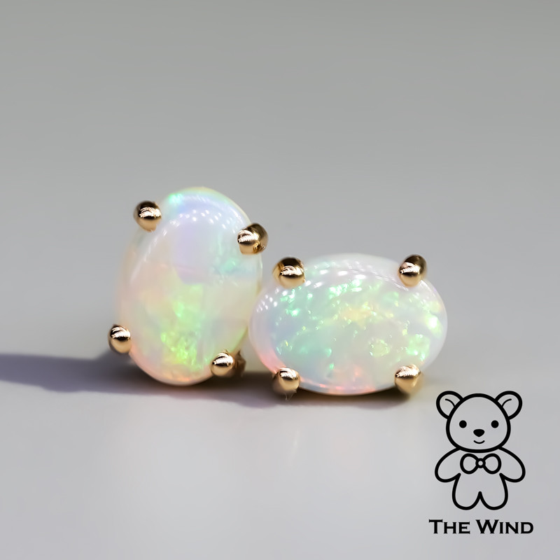 Oval Natural Australian Crystal Solid Opal Stud Earrings in 14k Yellow Gold