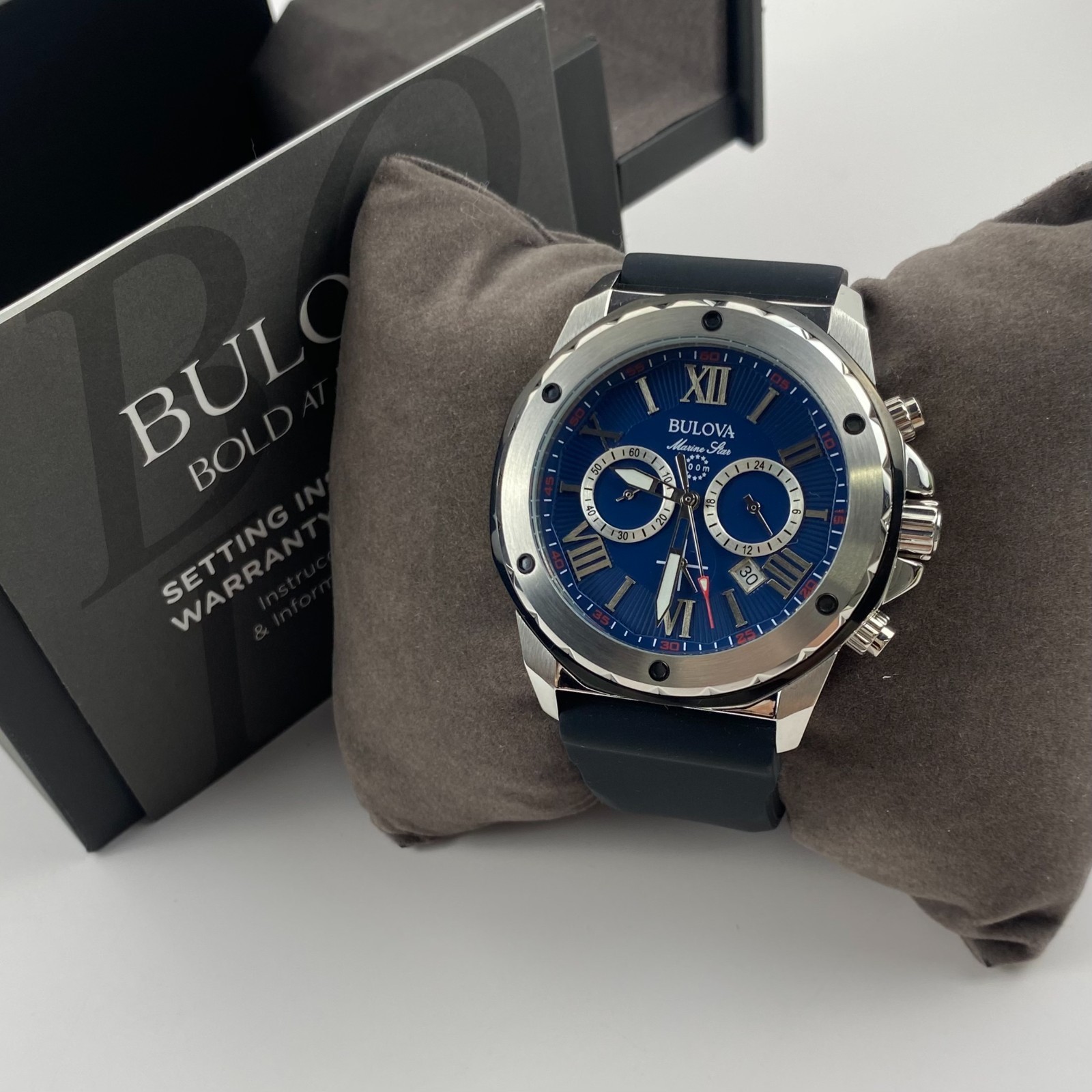 Bulova Marine Star 98B258 Quartz Blue Dial Black Rubber Strap Men’s Watch 44mm
