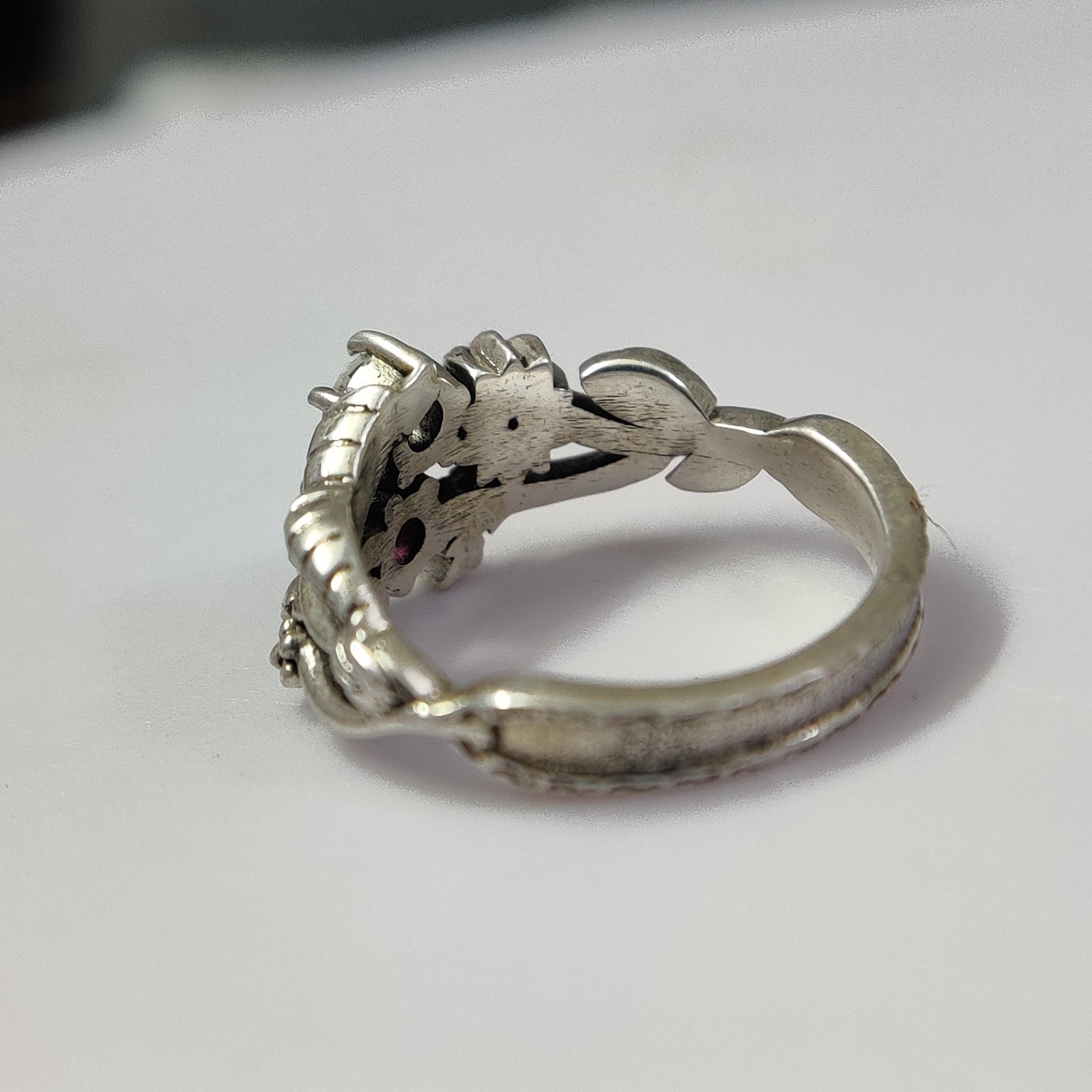 Nature Garnet Rainbow Moonstone 925 Silver Leaf Vine Floral Ring Wedding Band