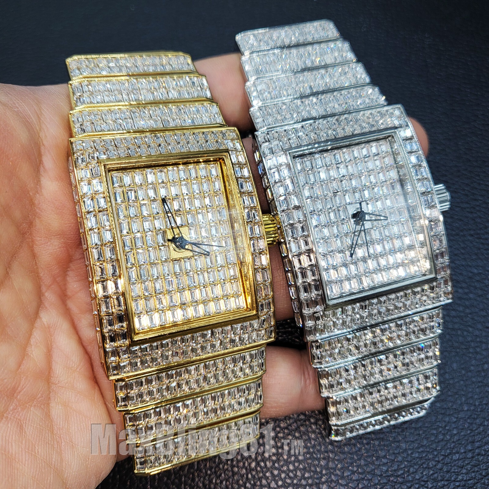 Men Full Iced Baguette Simulated Diamond Gold Silver Finish Hip Hop Metal Watch