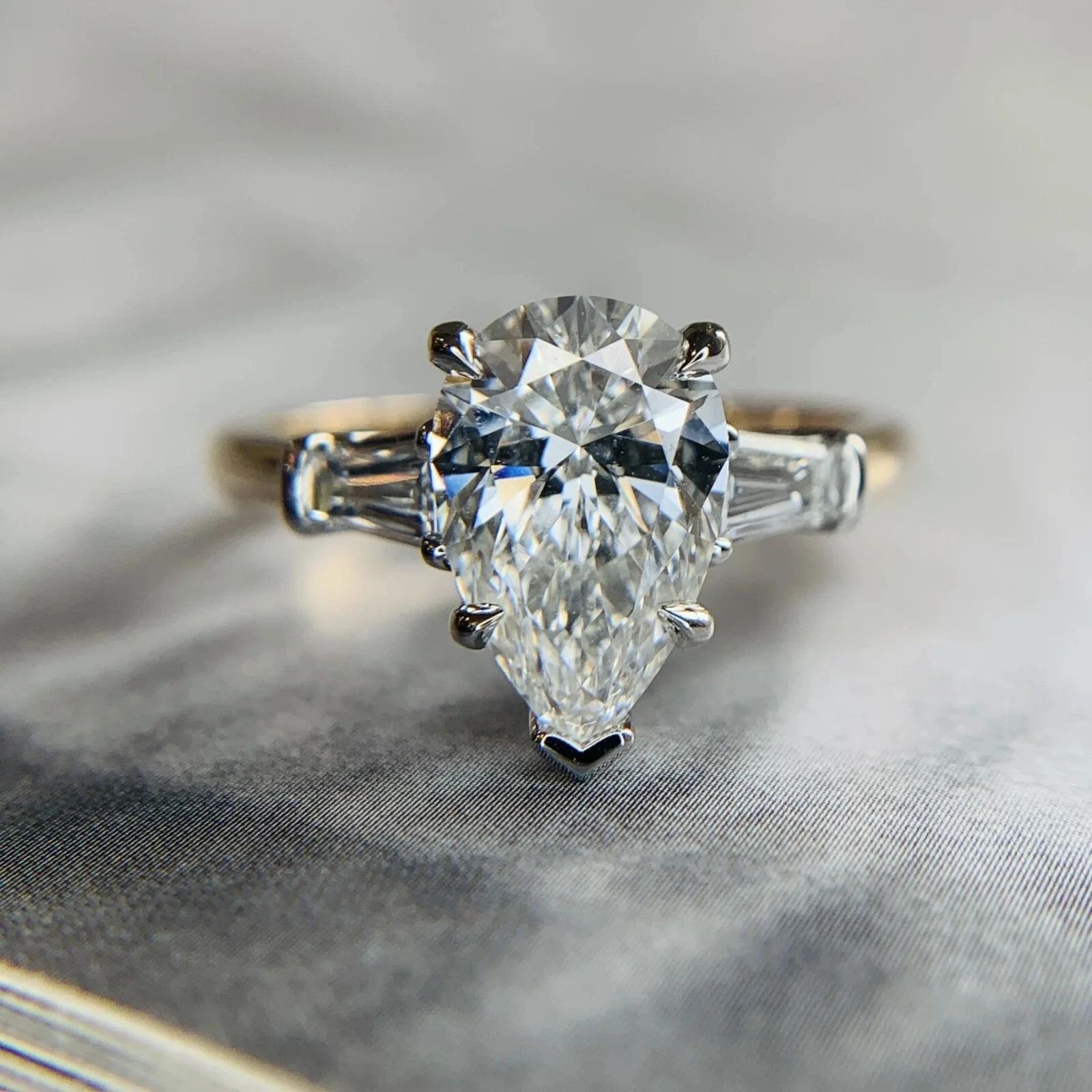 Moissanite Solitaire Engagement Ring Pear Cut 3.50 CT Solid 14K Yellow Gold VVS1
