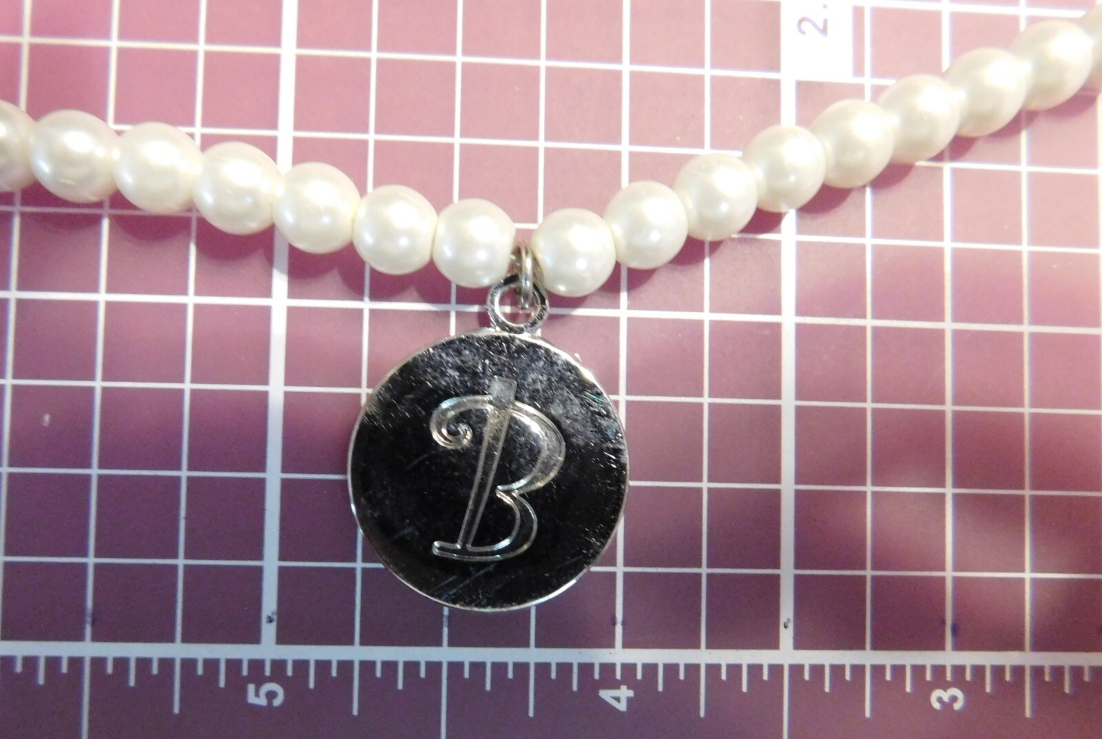 MS Co. 18.5″ Steel-Cable Necklace A+ Faux-Pearls Silver Pendant “B”- Barrel – #2