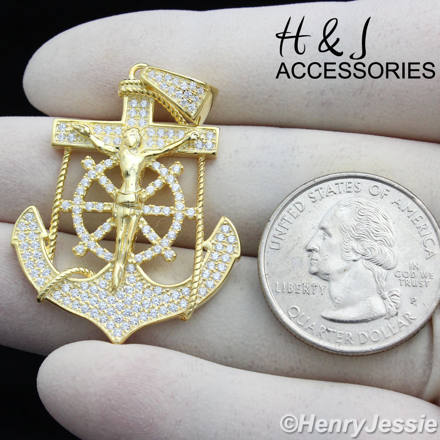 MEN 925 STERLING SILVER ICY BLING CZ ANCHOR JESUS CROSS GOLD PLATED PENDANT*SP88