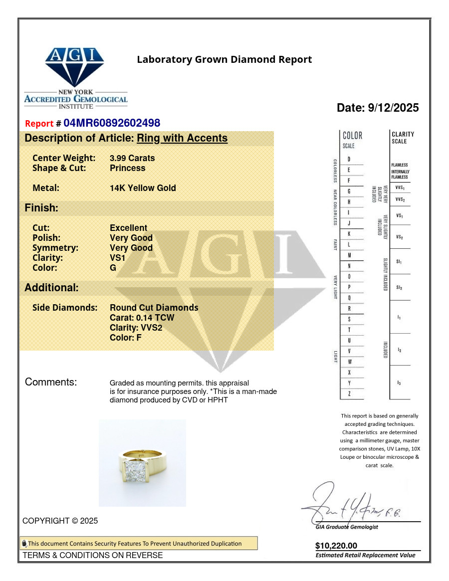 Side Stone Engagement Ring 14K Gold 4.13 Carat Princess Lab-Grown Diamond G VS1