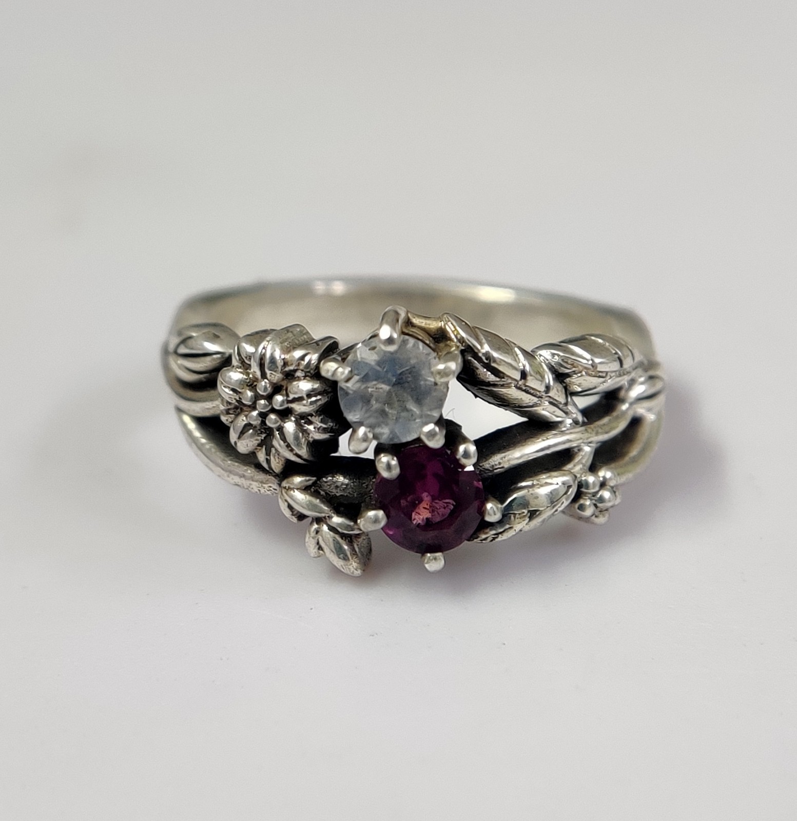 Nature Garnet Rainbow Moonstone 925 Silver Leaf Vine Floral Ring Wedding Band