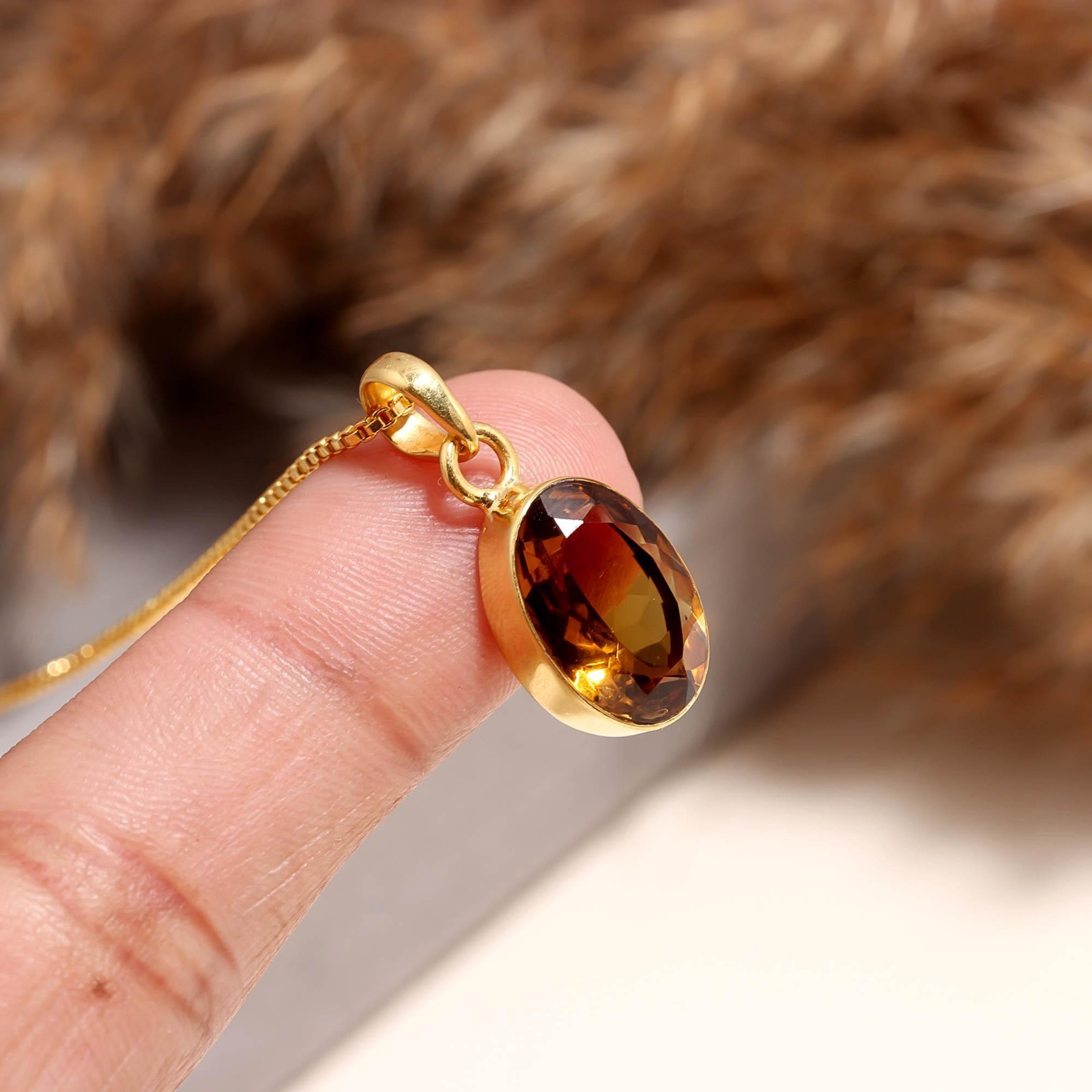 Natural Honey Quartz Oval Necklace Gold Fill 925 Sterling Silver Jewelry For Her