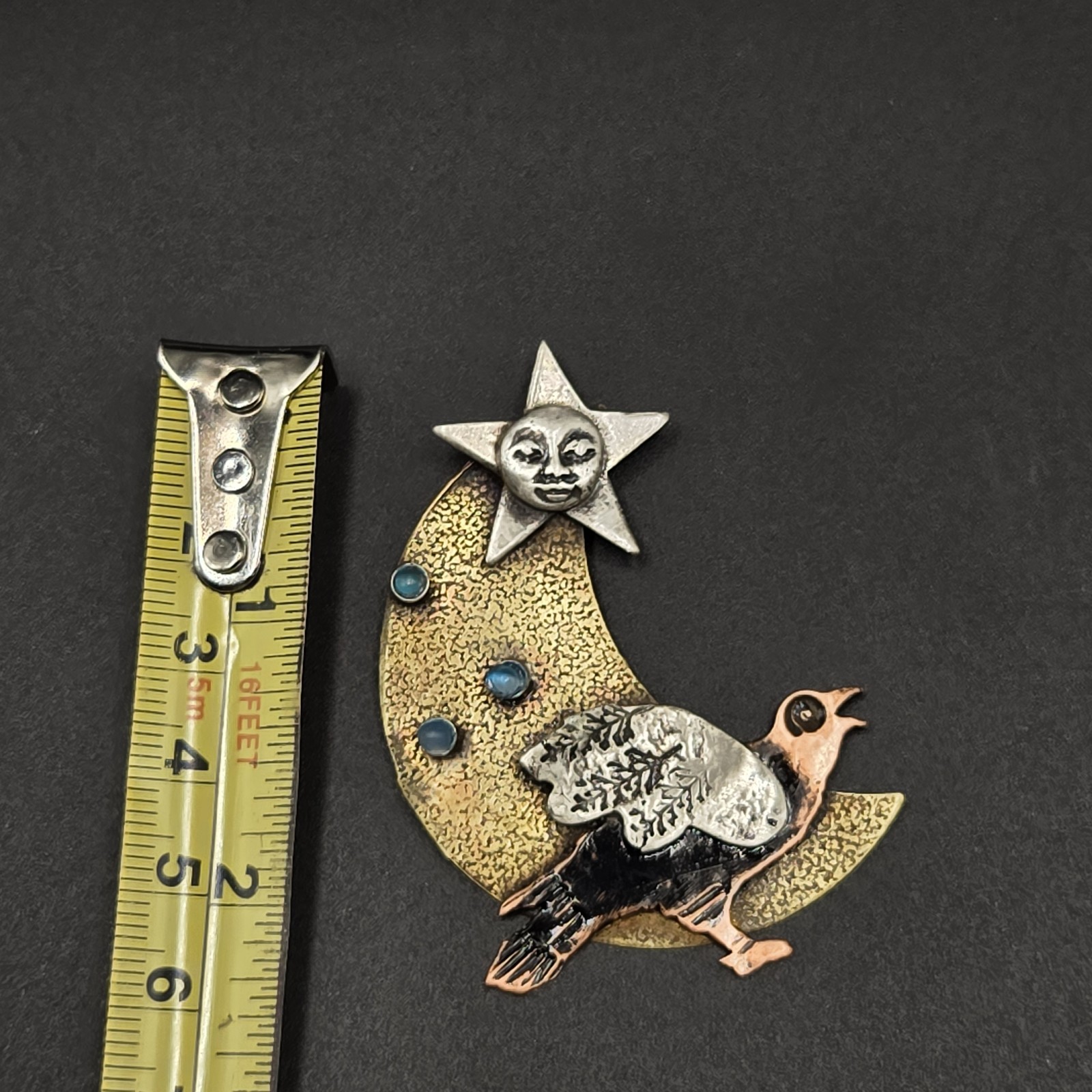 Eclectic Handmade Gold & Silver Tone Moon, Bird and Sun Pendant