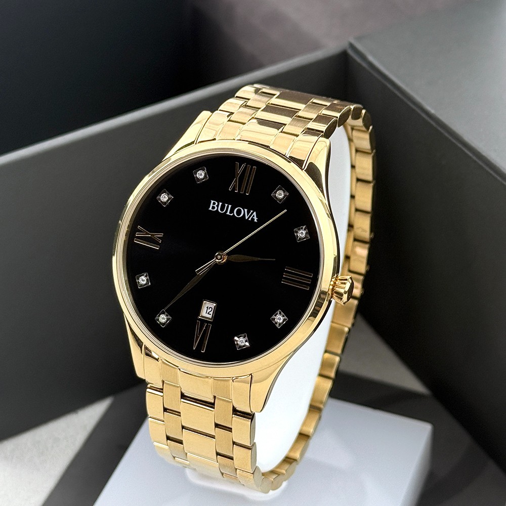 Bulova Men’s Classic Diamond 97D108 Black Dial Gold Stainless Quartz Watch 40mm