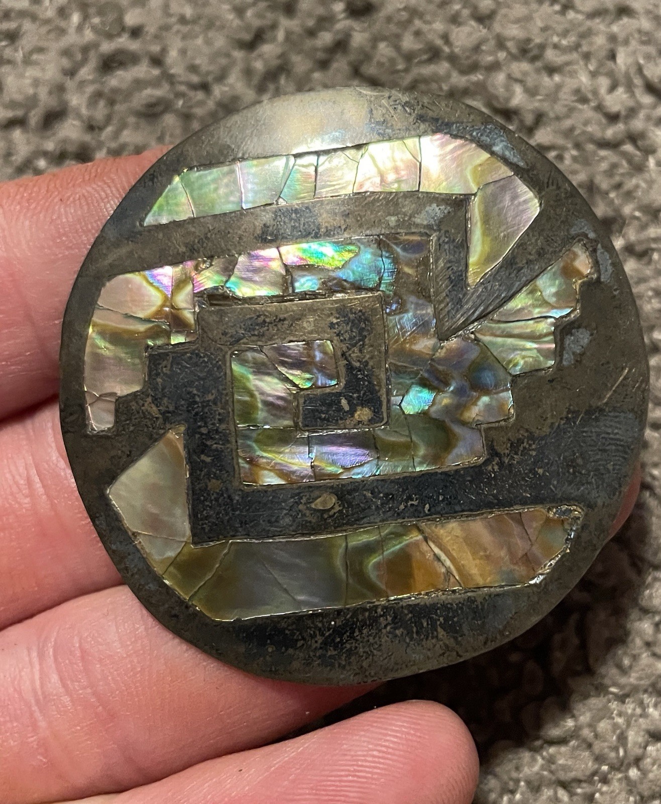 Vintage Mexican Modernist Sterling Silver Abalone Inlay Round Brooch Pendant