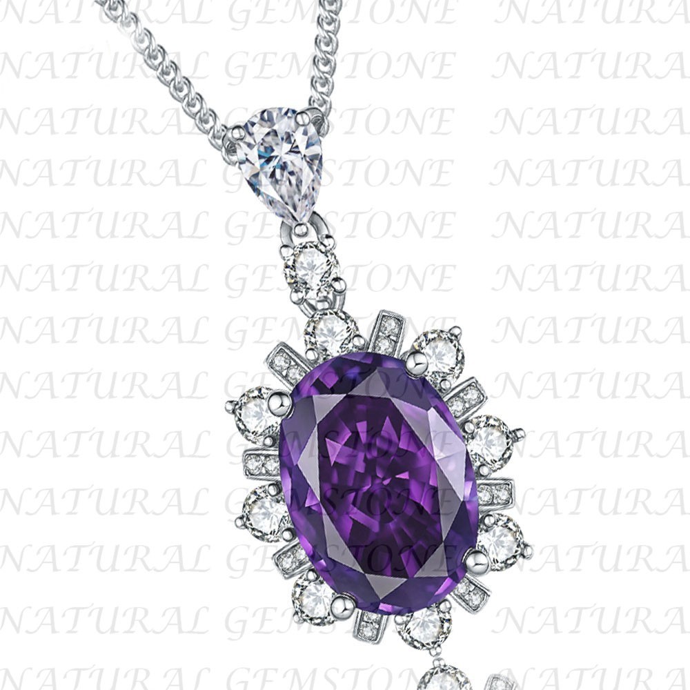 6.80Carat Oval Shape Natural Amethyst and Diamond Pendant 18K White Gold Plated