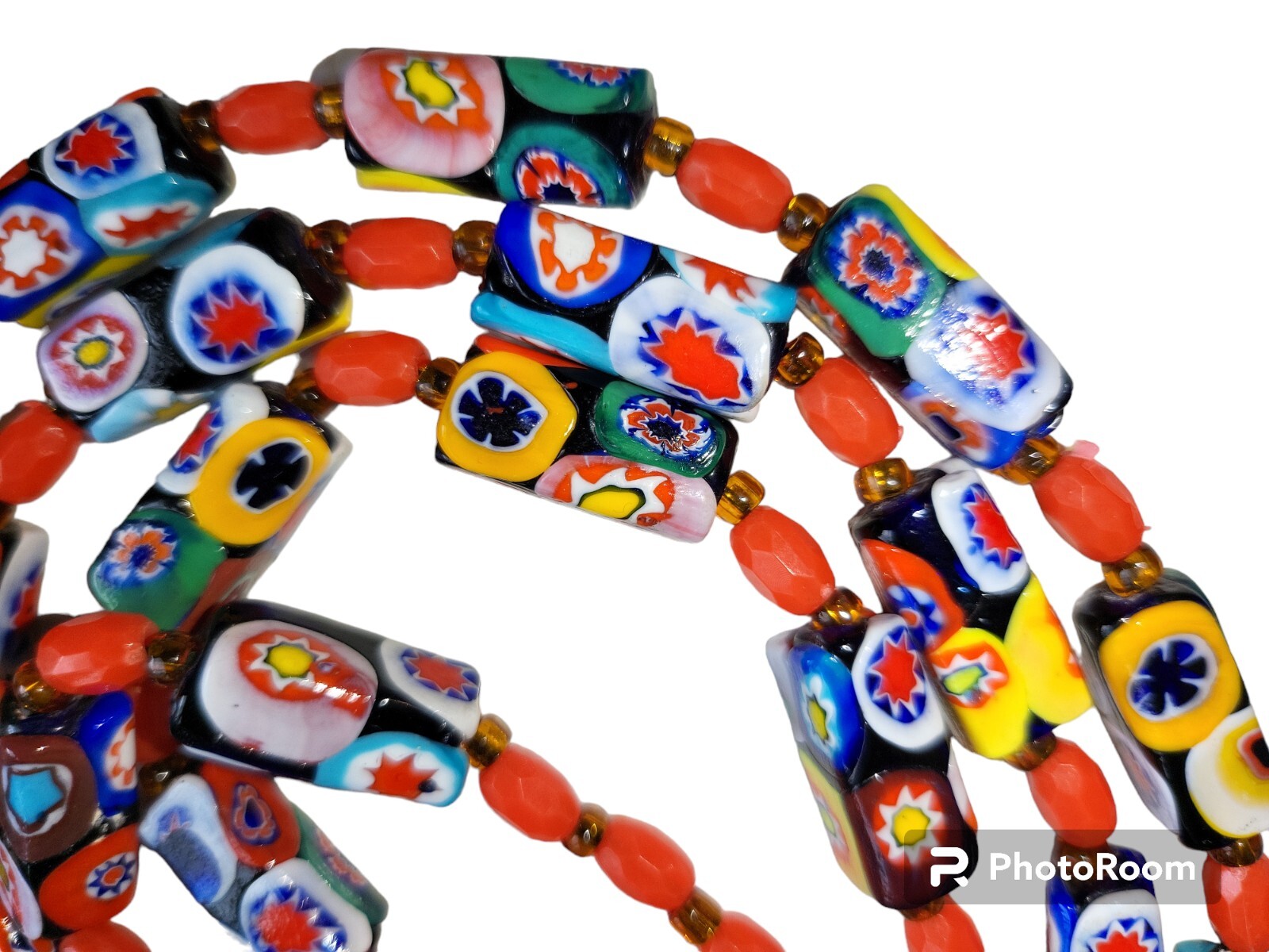 Vintage Venetian Murano Millefiori Glass Tube Bead Necklace 42″ Opera Italy