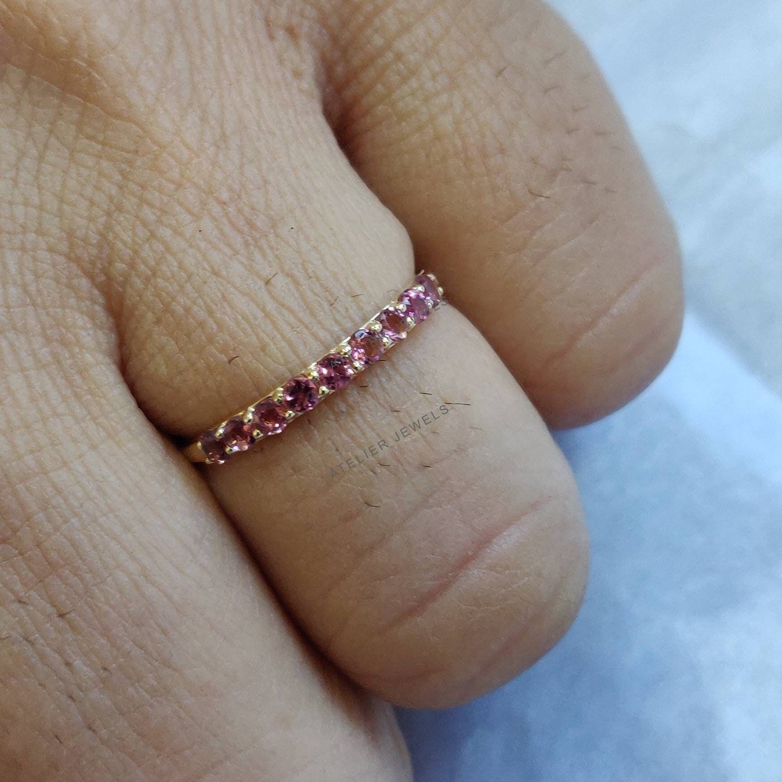0.36 Ct Natural Pink Tourmaline Band Ring 14K Yellow Gold Minimalist Statement