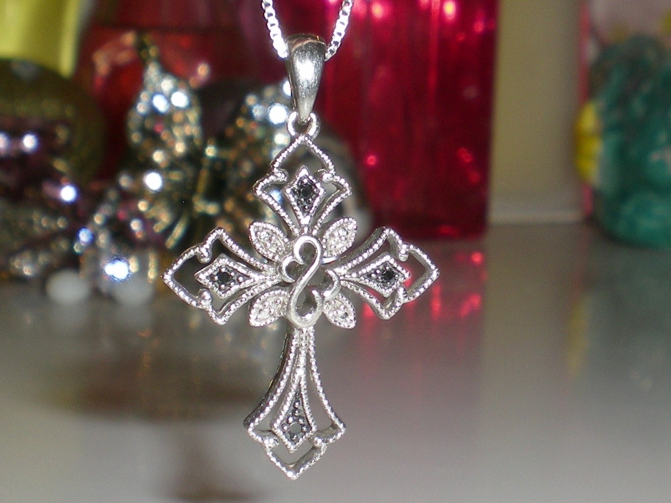 Jane Seymour SS Open Hearts Gothic CROSS 1/6ct Diamond Necklace 💎 KAY BOX 💎