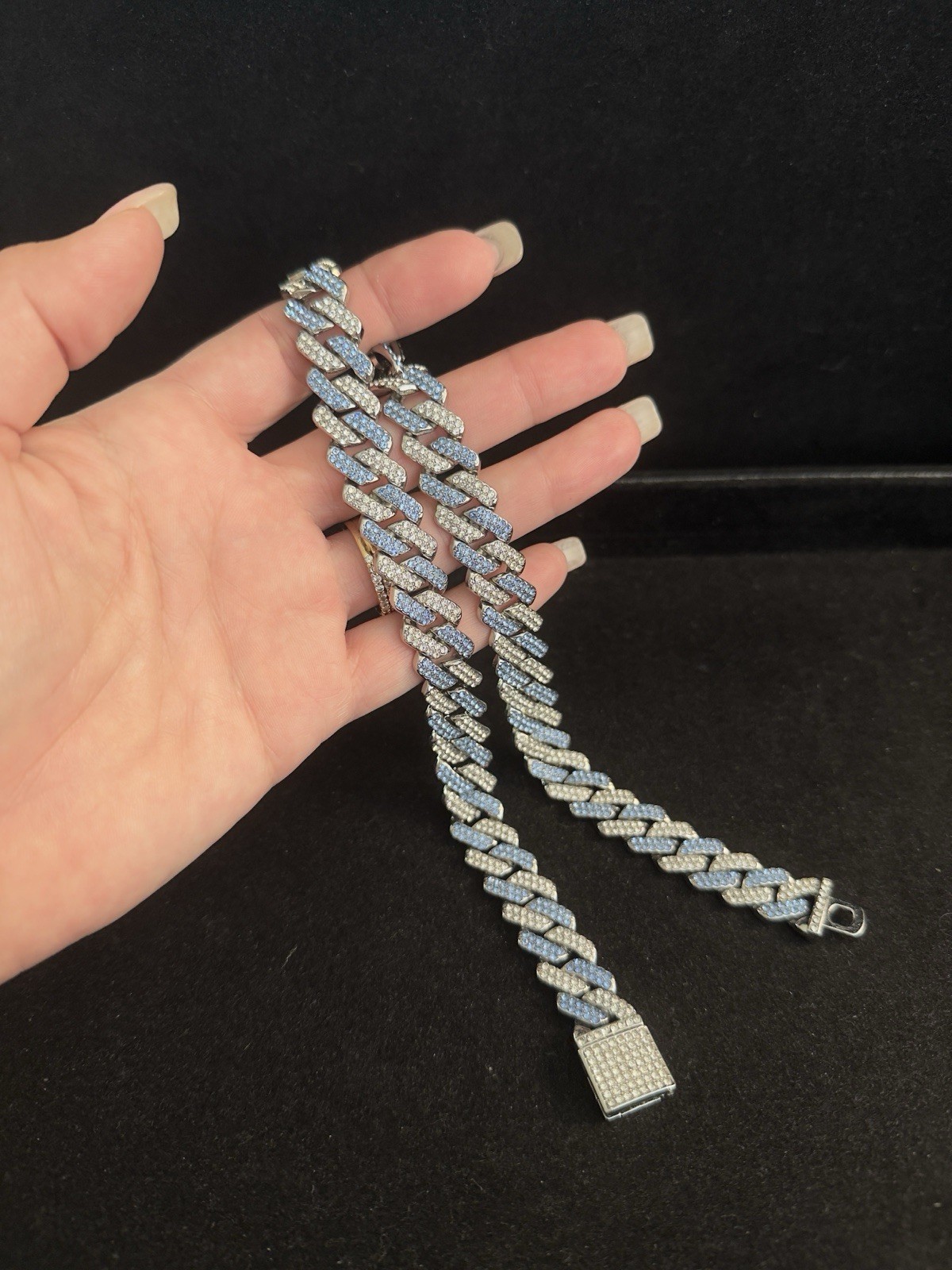 Beautiful Iced Out Cuban Link 14.2mm Thick Rhinestone 16.5in Chain Necklace~NEW