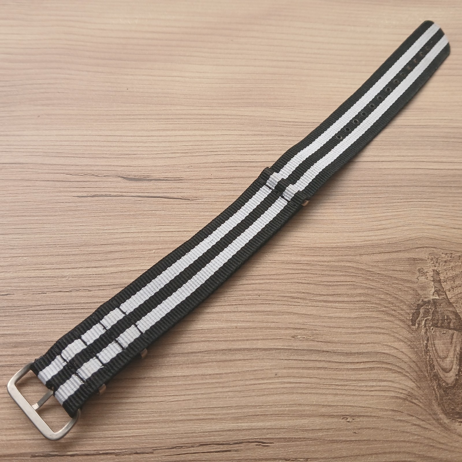 Nylon Black White Striped One Piece 22mm Watch Strap Silver Buckle Keepers