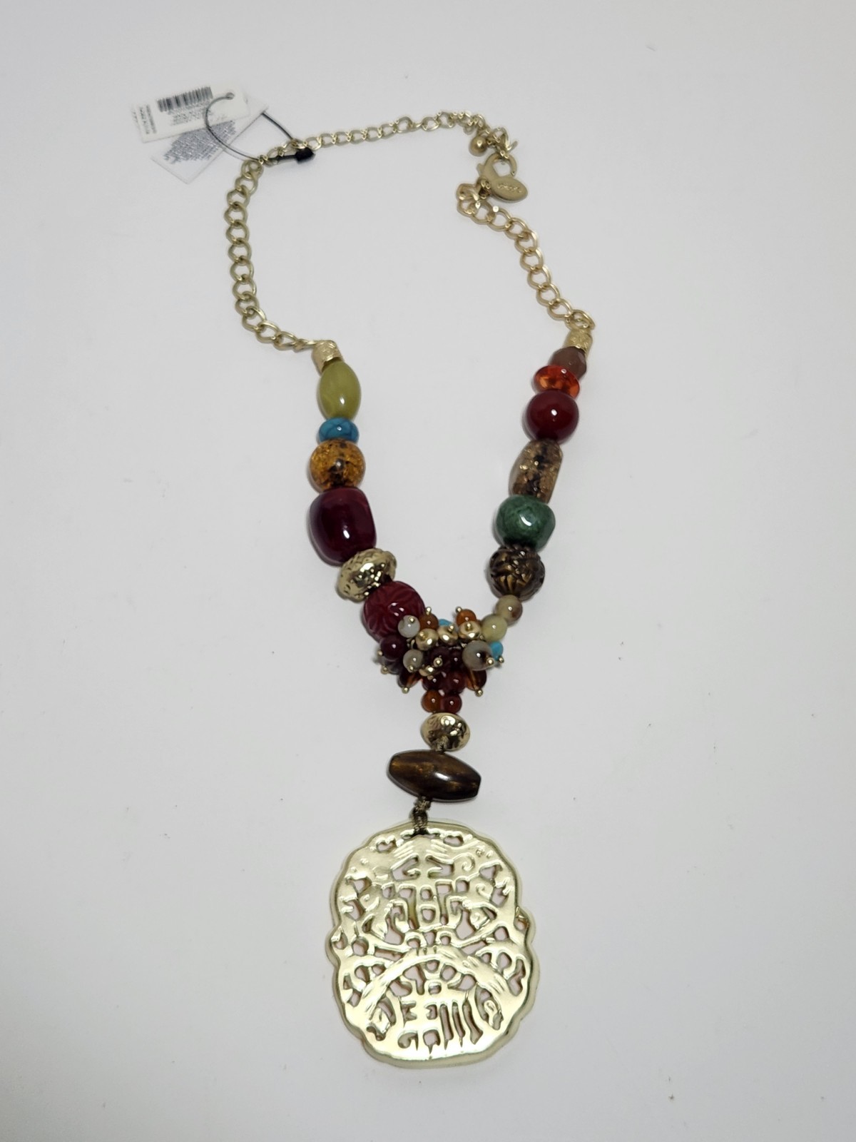 Chico’s Reversible Asian Inspired Mixed Media Beaded Necklace Faux Bone/Gold