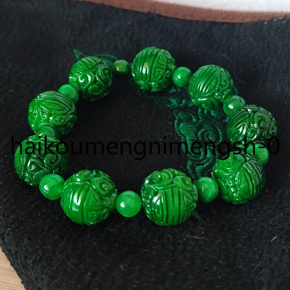 16mm Natural Green Burma Jade jadeite Carved RUYI Round Beads Bracelet 7.5″
