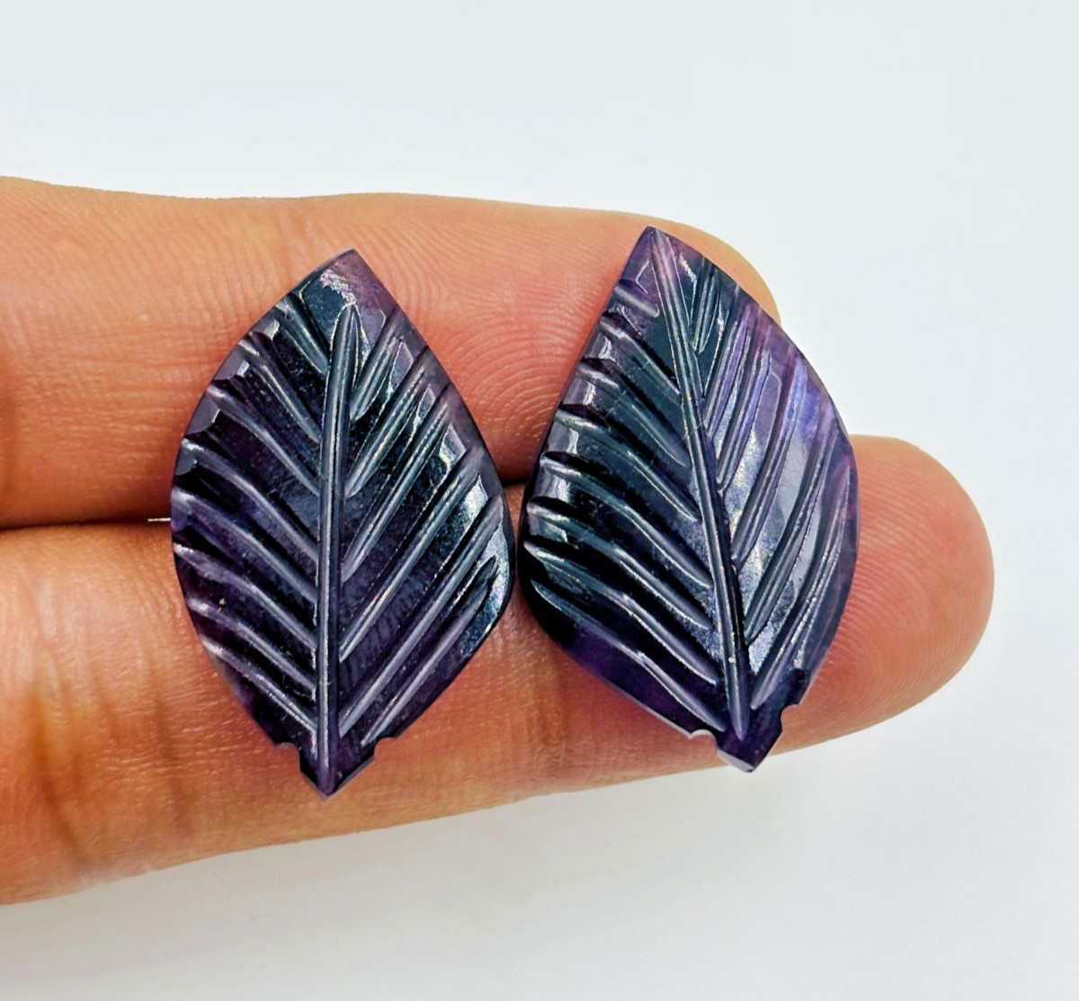 Natural Blue Fluorite Leaf Carved Cabochon Pair 30Ct Matching Gemstone Earring