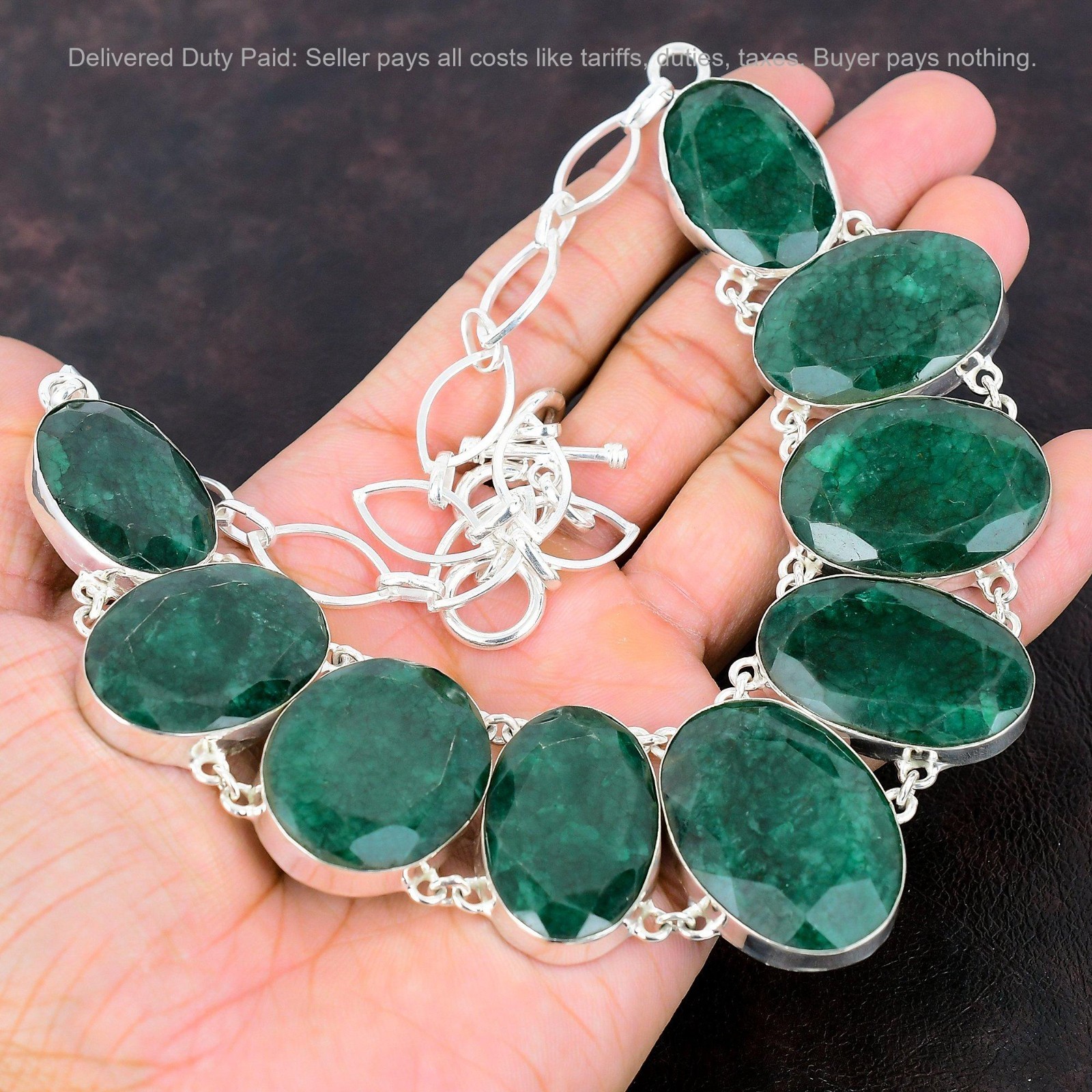 Oval Natural Zambian Emrald Bezel Sister Chain Artisan Boho Necklace 925 Silver