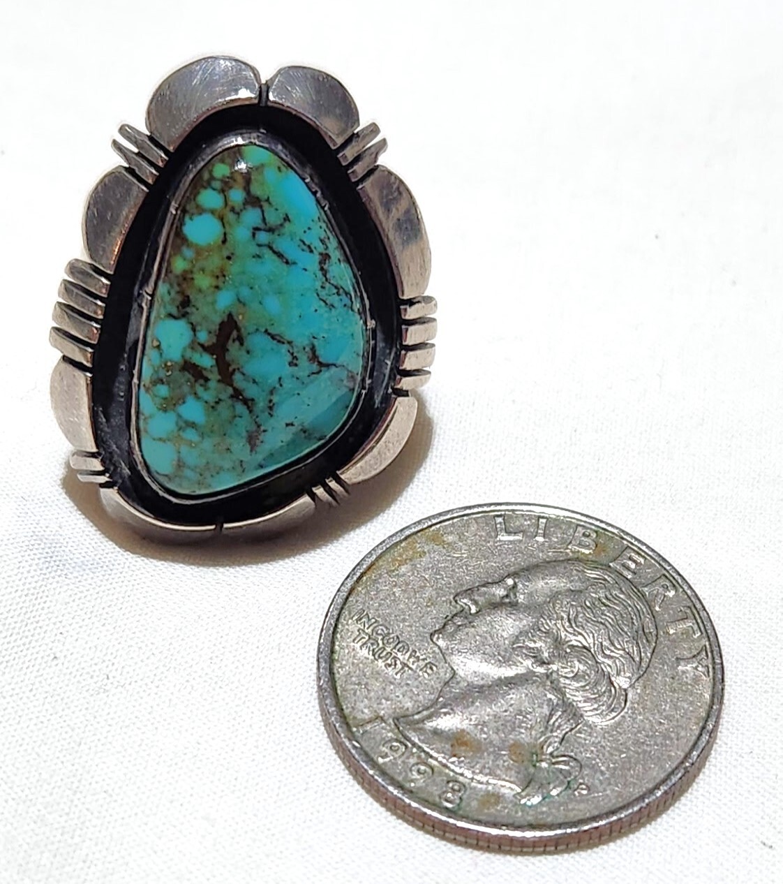 Artist Signed Platero Navajo Morenci Turquoise Shadow Box Sterling Silver Ring