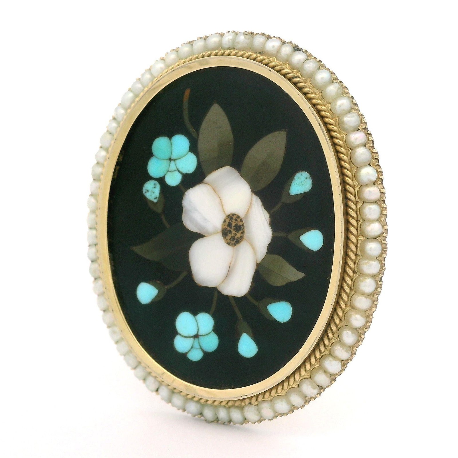 Vintage Solid Yellow Gold Pietra Dura Inlaid Floral Work Pearl Halo Pin Brooch
