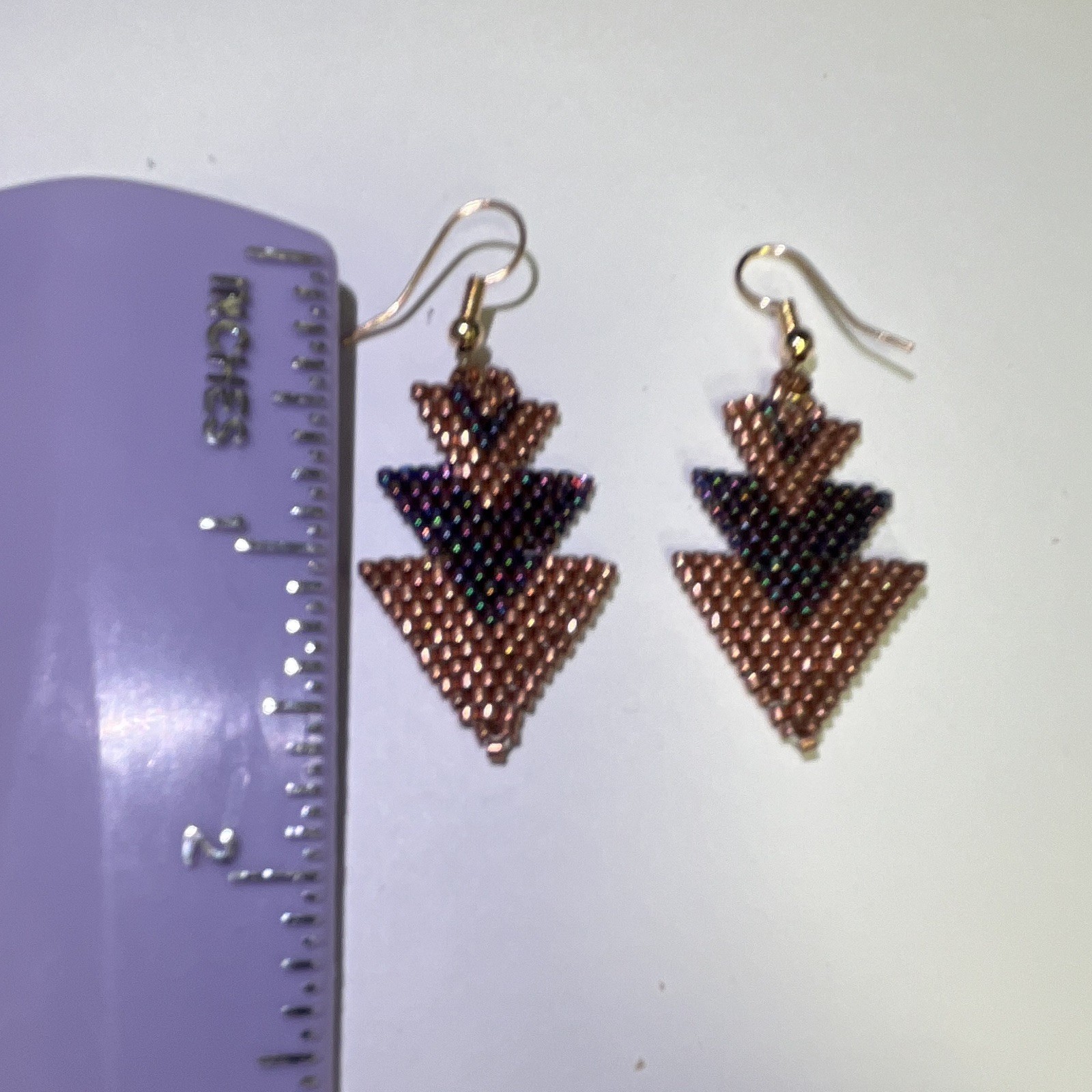 Triangle Dangle Hook Earrings, Gold & Purple Tone Beaded Drop, Bohemian