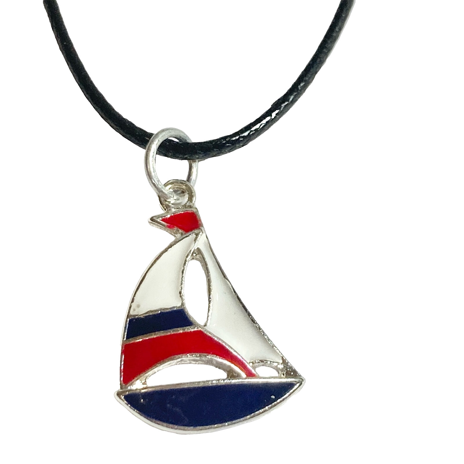 Silver Sailboat Necklace Nautical Island Boat Sailing Red White Blue Plated 18″