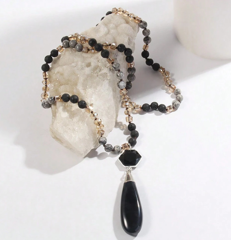 Jasper, Lava Stone & Crystal Beaded Necklace with Obsidian Pendant 20″ *NEW*
