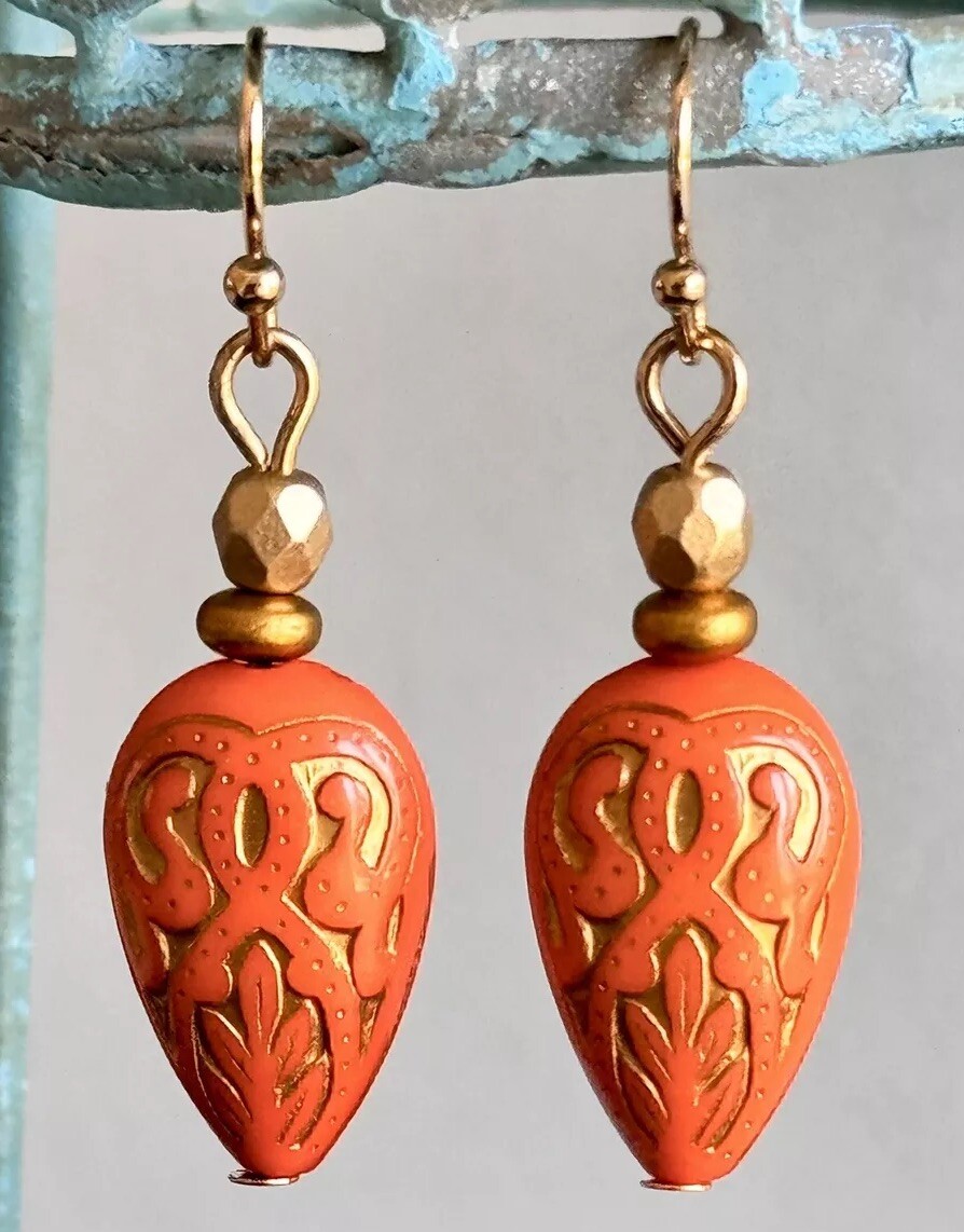 Vintage Etched Orange and Gold Earrings. Light Weight.