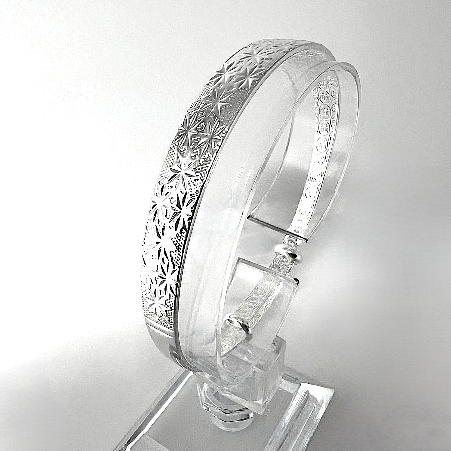 Adjustable 999 Silver Star Print Chinese Lucky Sign Bangle Bracelet