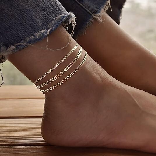 3PCS Layered Anklets E-Gold Cuban Link Rhinestone Foot Chain Bracelets Jewelry