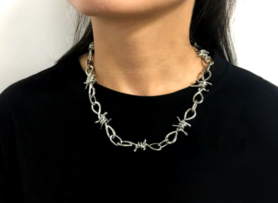 Punk Rock Emo Goth Silver Barbed Wire Chain Necklace – 18 1/2″