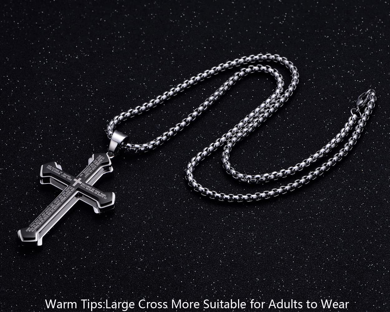 Mens Cross Necklace Silver Stainless Steel Lord’s Prayer Big Pendant Rolo Chain