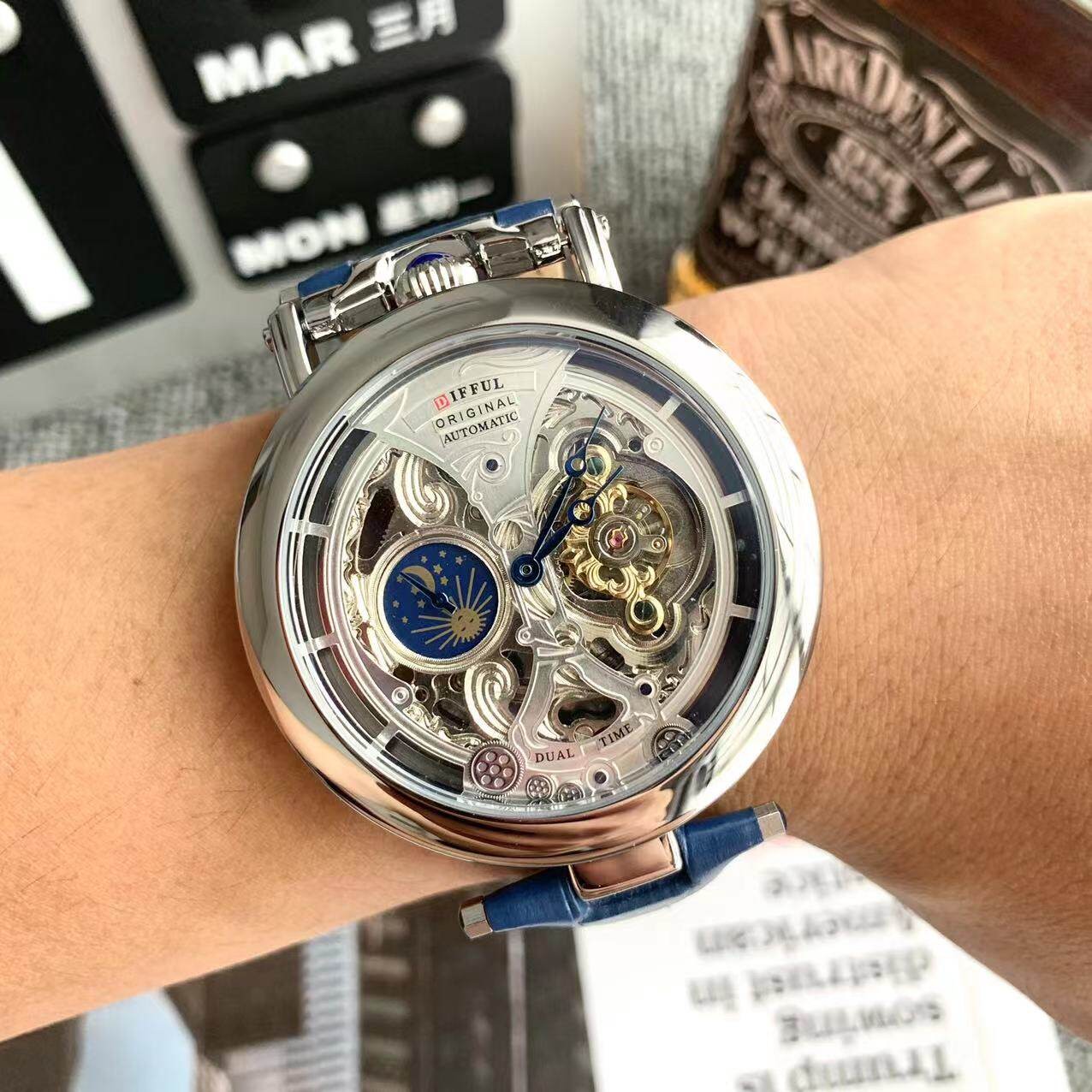 Automatic Skeleton Men Watch Moon‑Phase Large Dial Tourbillon Style Wristwatch