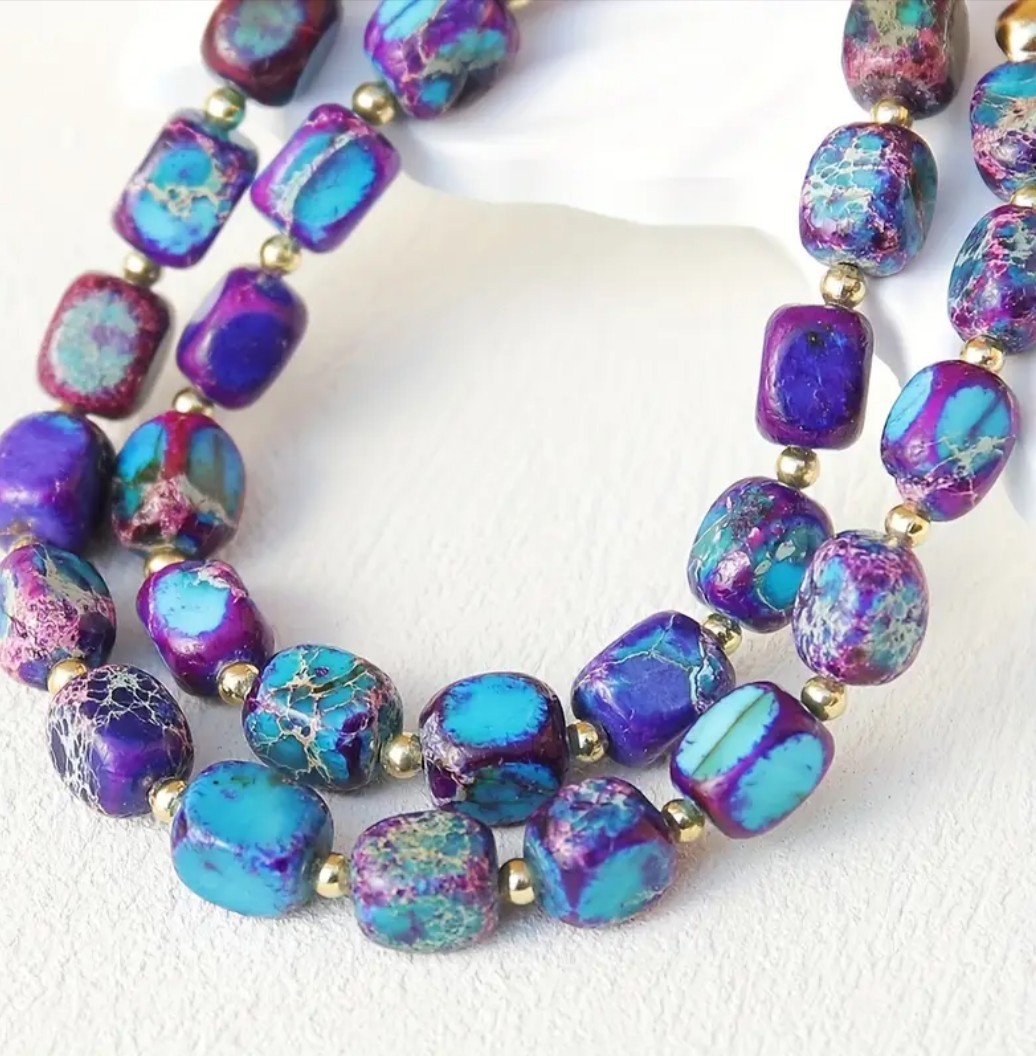 Handcrafted Boho Purple & Blue Sea Sediment Stone Beaded Necklace Gold Accents