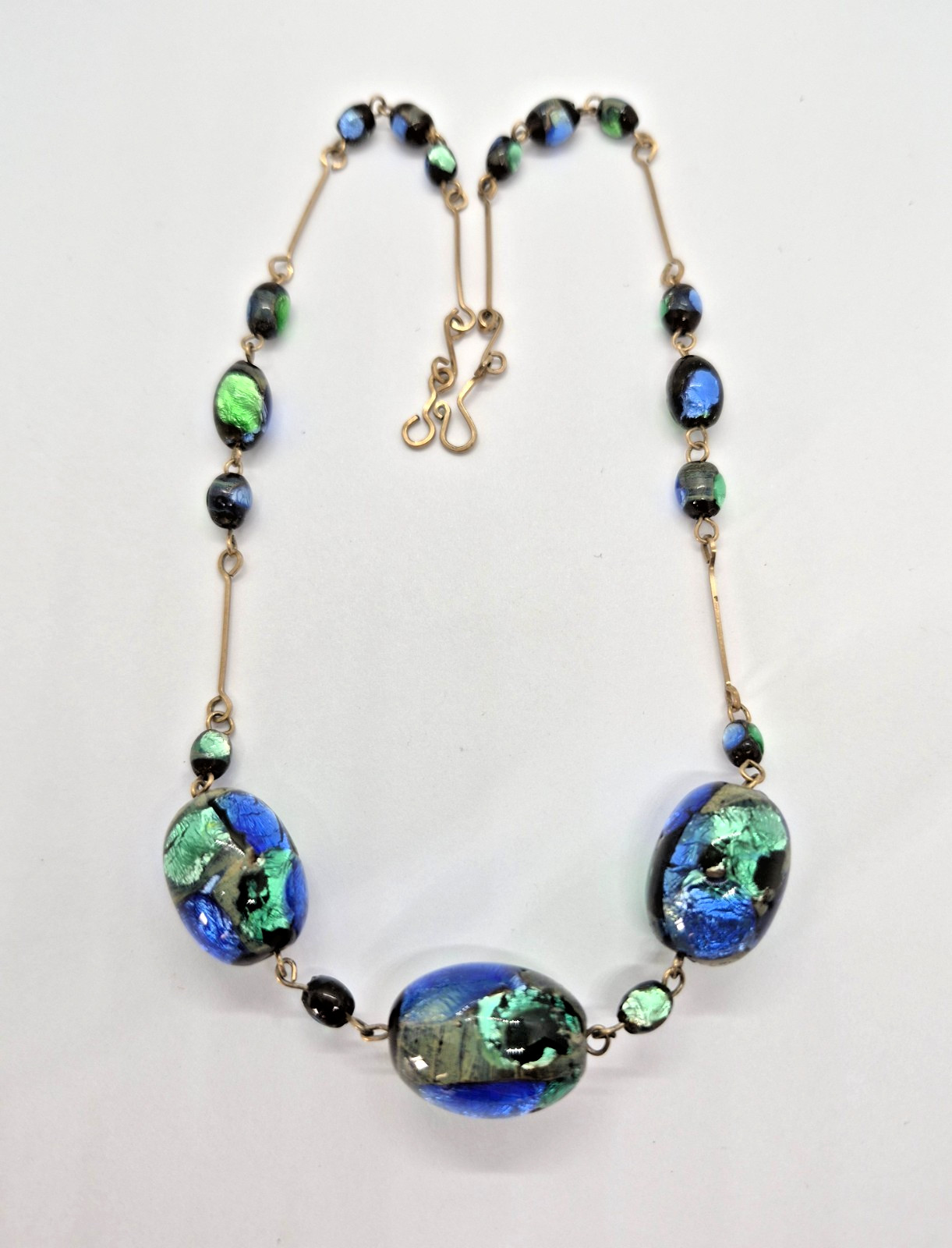 Vintage Art Deco Venetian Green, Blue & Black Foil Glass Bead Necklace 18″
