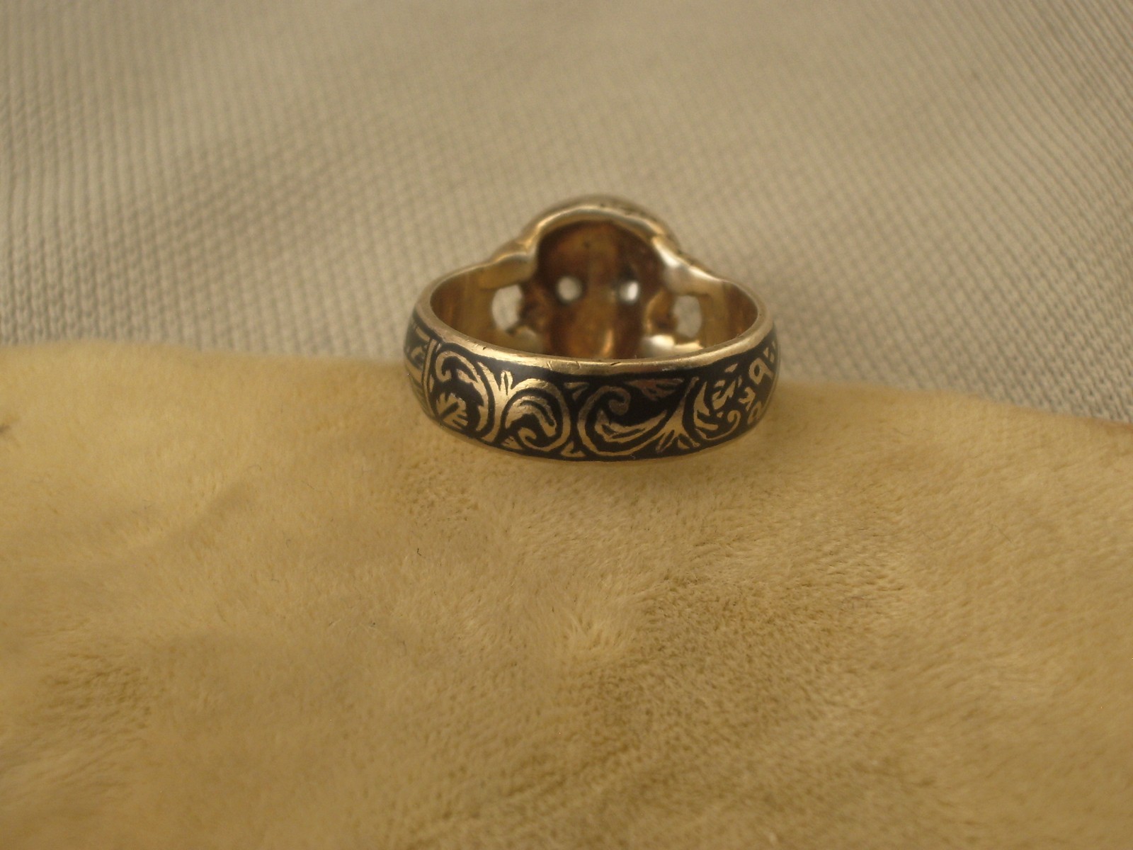 Antique Vtg Gold plated silver enamel diamond masonic memento mori ring Sz7.5